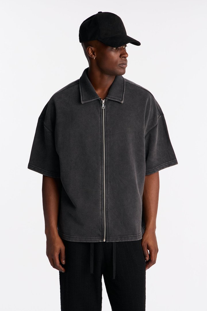 Heavy Wash Oversized Full Zip Polo - Black