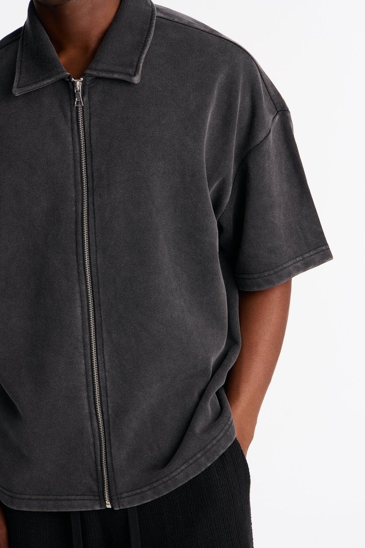Heavy Wash Oversized Full Zip Polo - Black