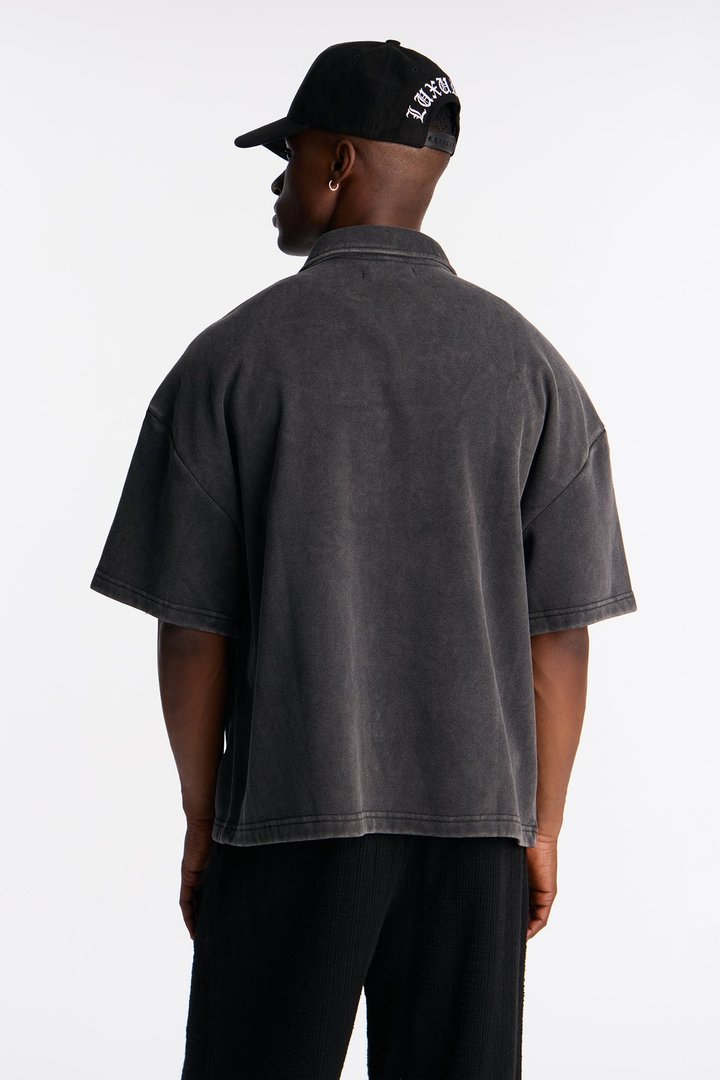 Heavy Wash Oversized Full Zip Polo - Black