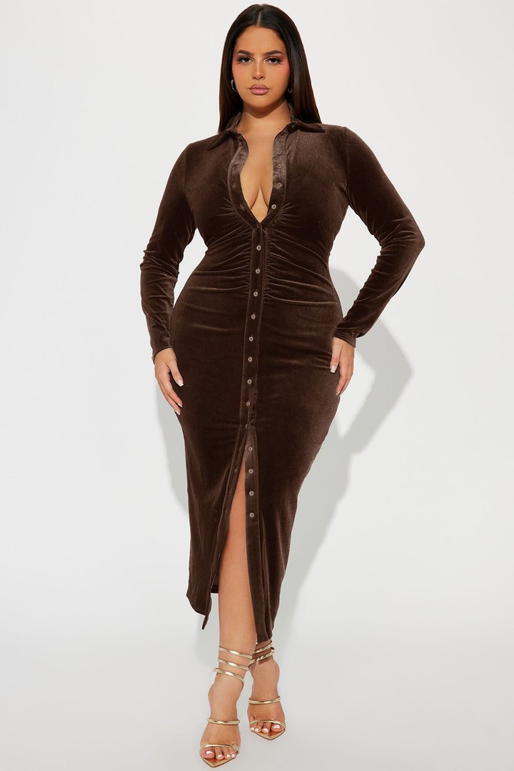 Katie Velvet Midi Dress - Chocolate