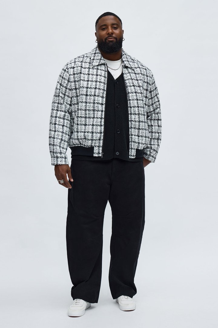 Relaxed Textured Boucle Plaid Work Zip Jacket - Black/White