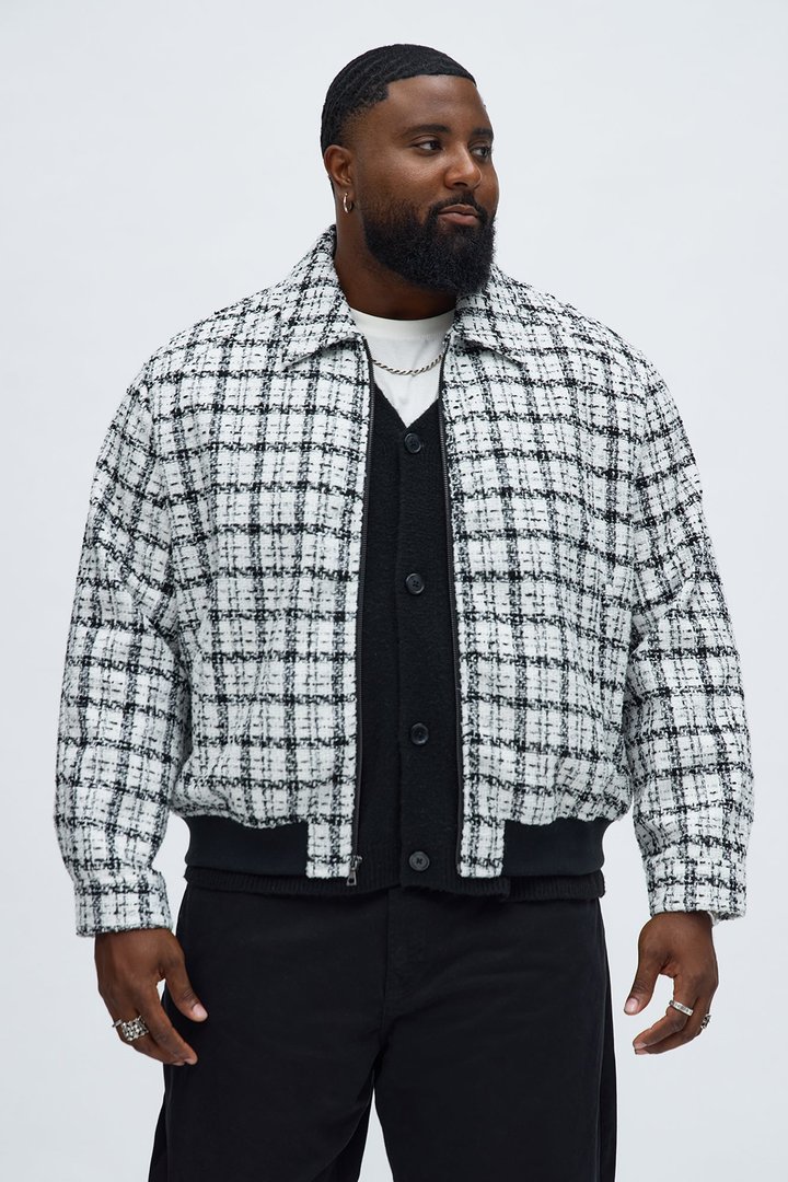 Relaxed Textured Boucle Plaid Work Zip Jacket - Black/White