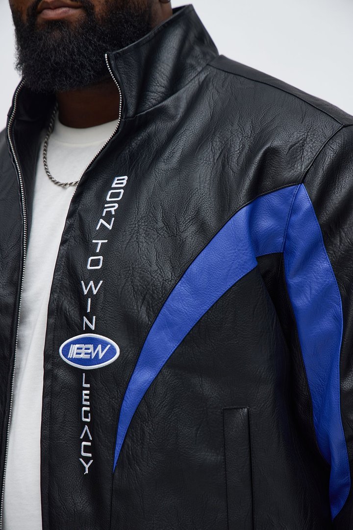 Colorblock Racer Faux Leather Bomber Jacket - Black