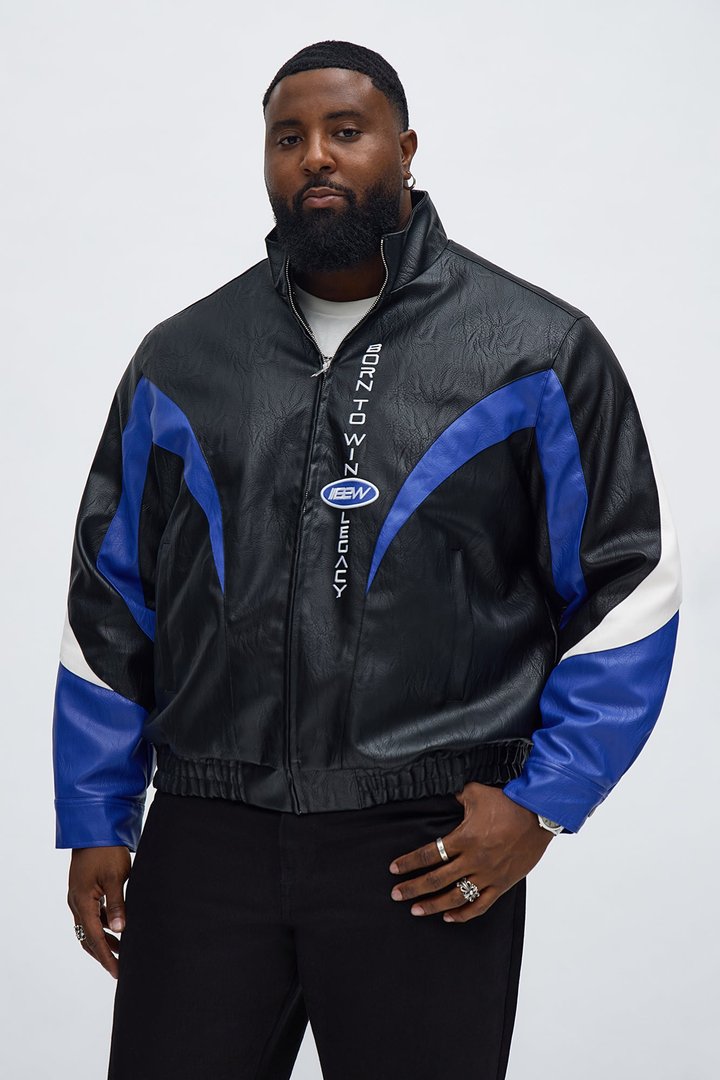 Colorblock Racer Faux Leather Bomber Jacket - Black