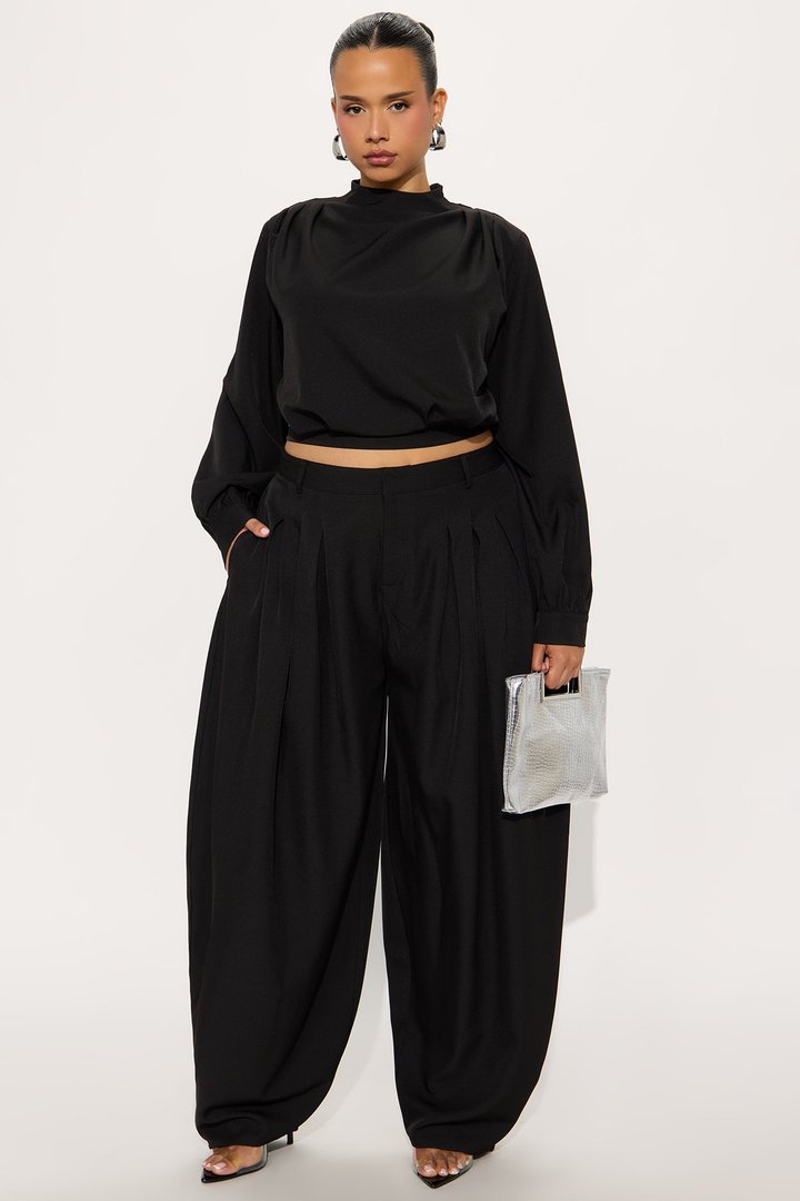 Inez Long Sleeve Pleated Balloon Pant Set - Black