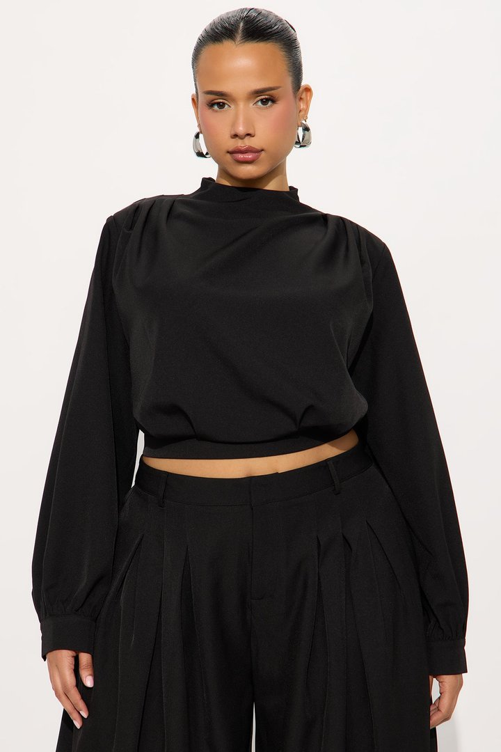 Inez Long Sleeve Pleated Balloon Pant Set - Black