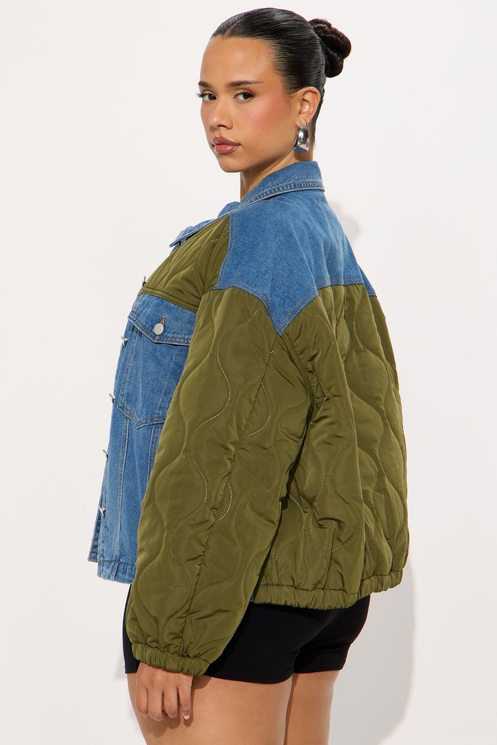 Hadley Quilted Fabric Mix Trucker Jacket - Olive/combo