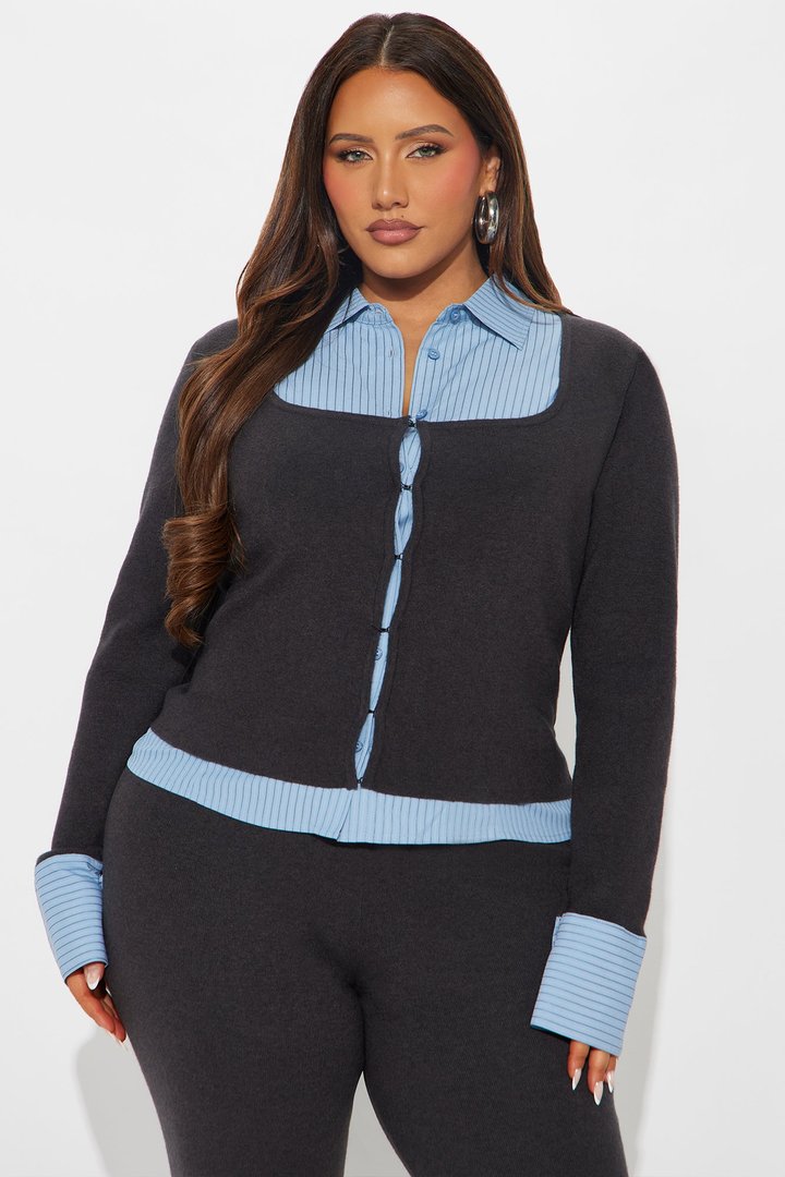 Double Take Pinstripe Sweater Pant Set - Grey