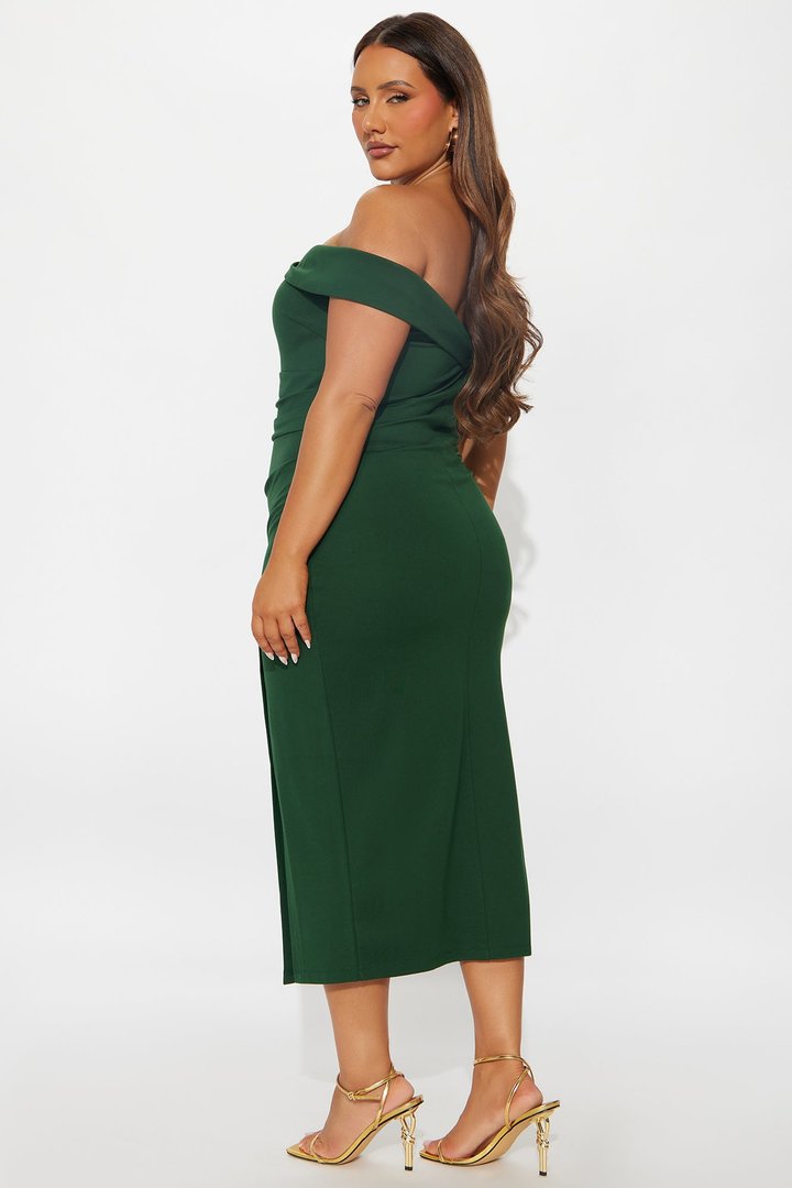 Samantha Off Shoulder Body Sculpting Ponte Midi Dress - Hunter