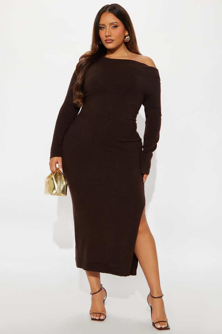 Stevie One Shoulder Sweater Midi Dress - Chocolate