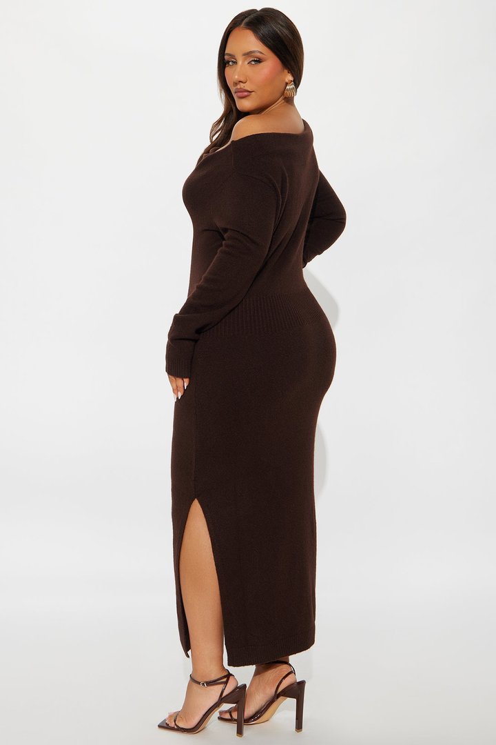 Stevie One Shoulder Sweater Midi Dress - Chocolate
