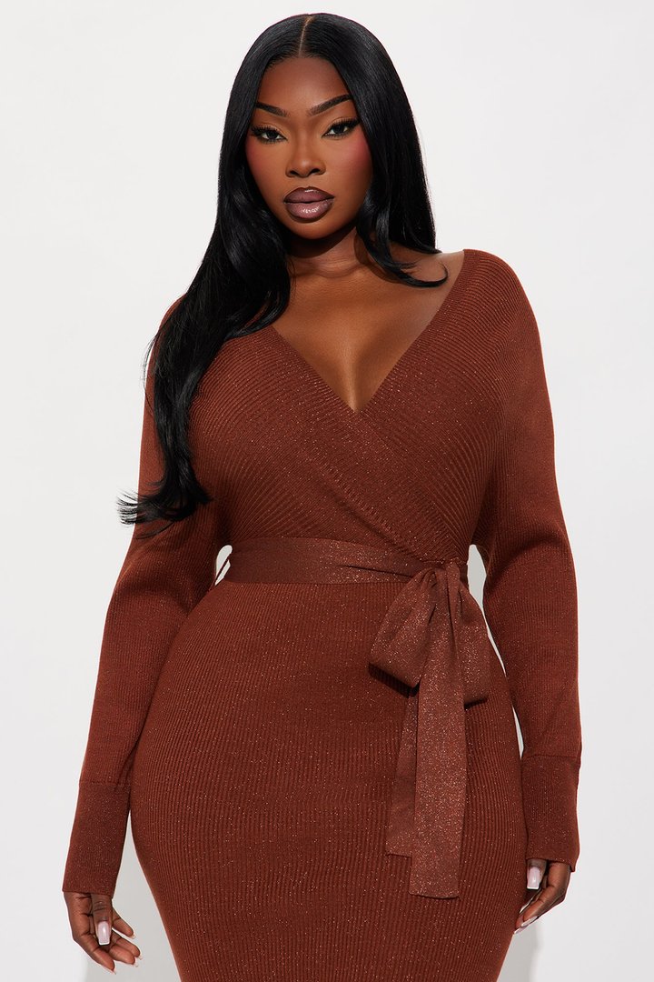 Gia Glitter Sweater Midi Dress - Brown