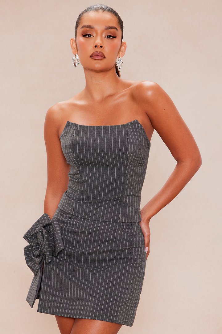 Myrna Pinstripe Corset Skirt Set - Grey