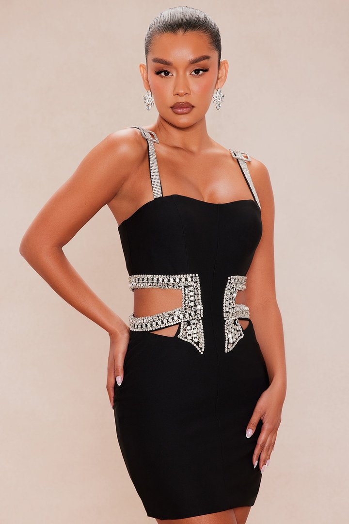 Liora Rhinestone Cut Out Mini Dress - Black