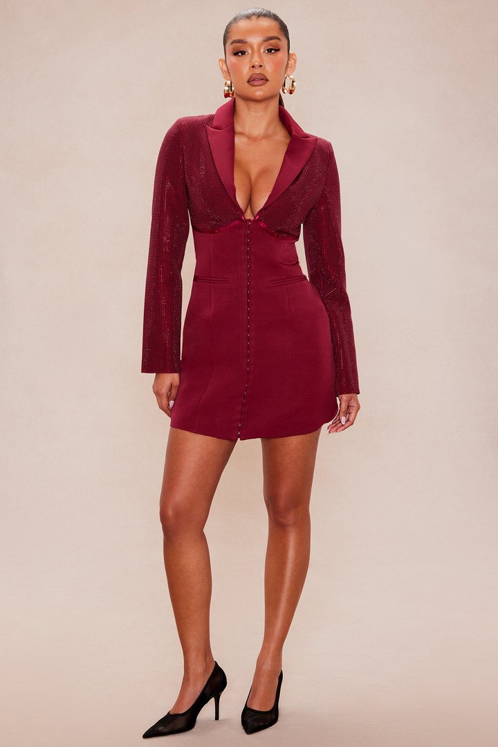 Thalia Rhinestone Blazer Mini Dress - Burgundy