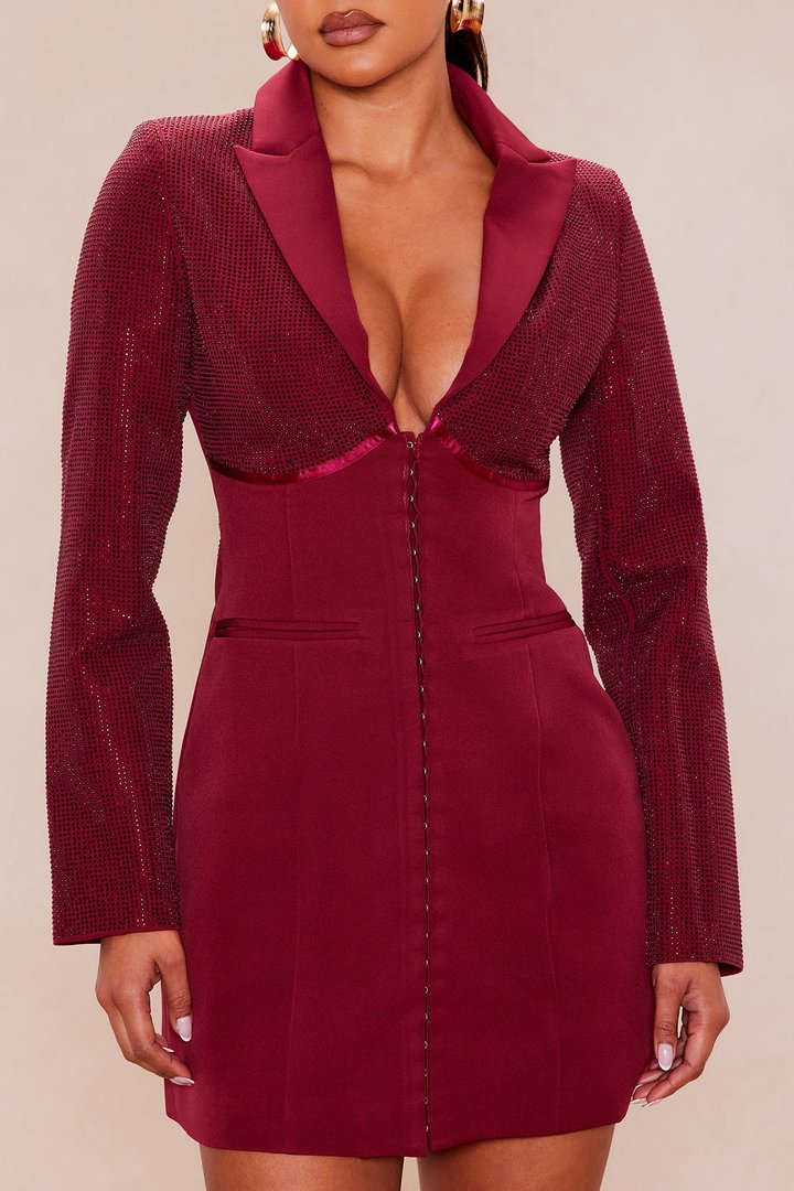 Thalia Rhinestone Blazer Mini Dress - Burgundy