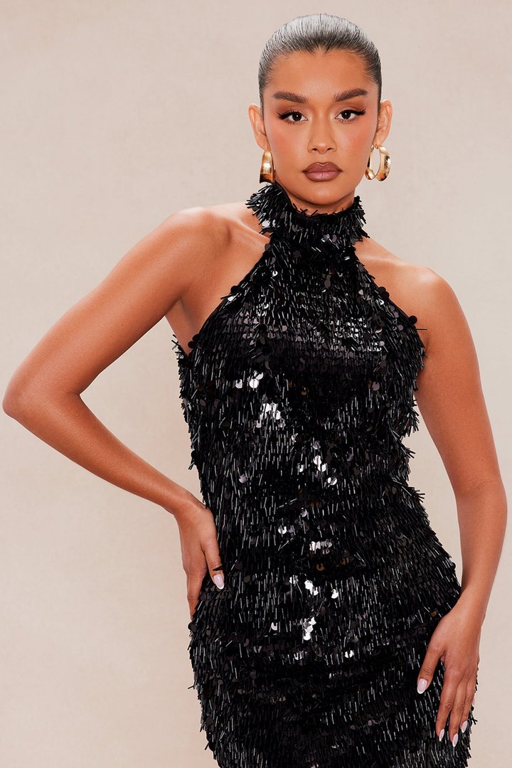 Mariella Mock Neck Sequin Midi Dress - Black