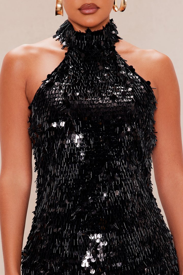 Mariella Mock Neck Sequin Midi Dress - Black