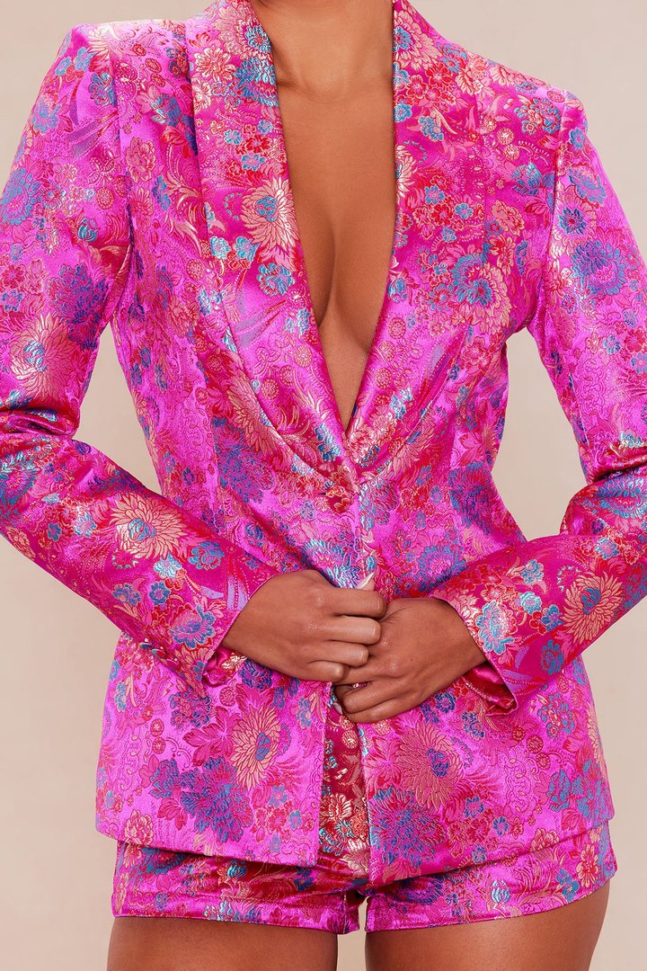 Sofia Satin Floral Short Suit Set - Fuchsia