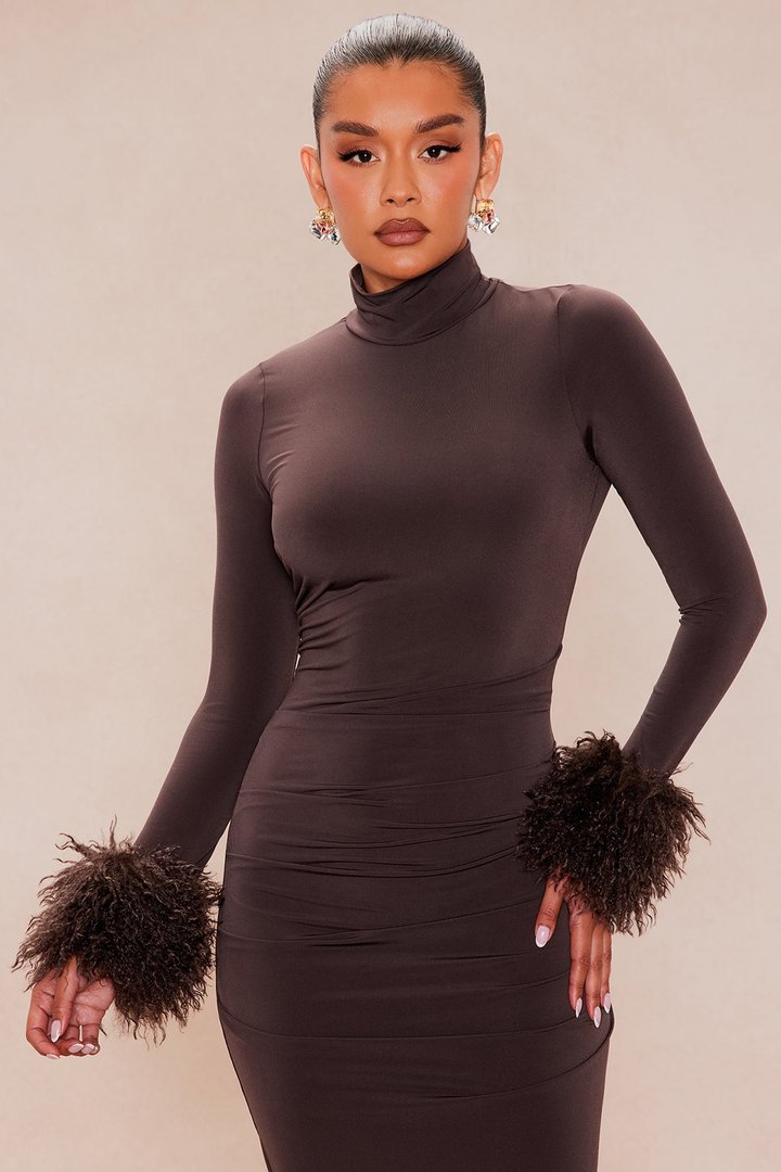 Francesca Fur Cuff Midi Dress - Brown