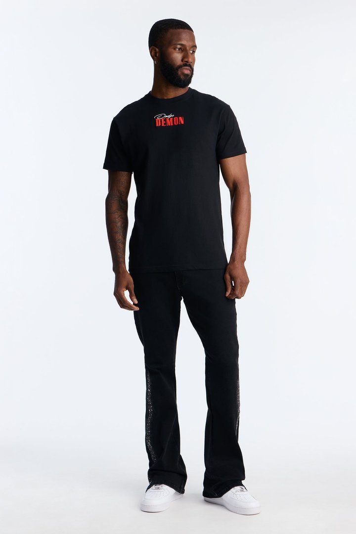 Stacked Slim Flare Tuxedo Jeweled Stripe Slit Jean - Black
