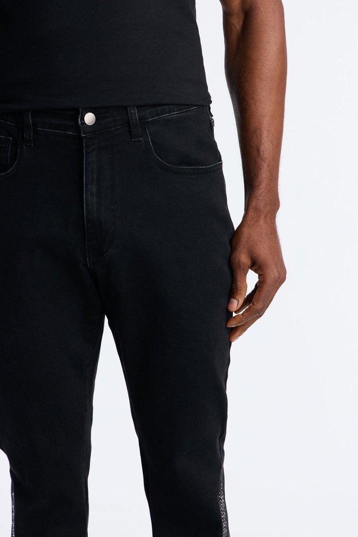 Stacked Slim Flare Tuxedo Jeweled Stripe Slit Jean - Black