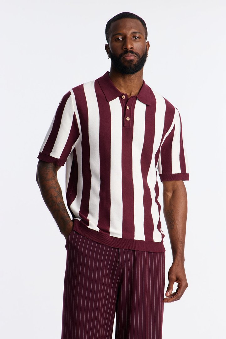 Old Sport Striped Short Sleeve Polo - Burgundy/combo