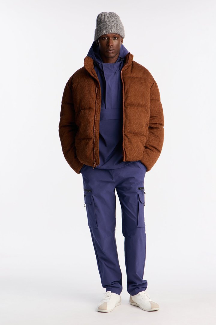 Textured Cable Knit Cabin Puffer Jacket - Brown
