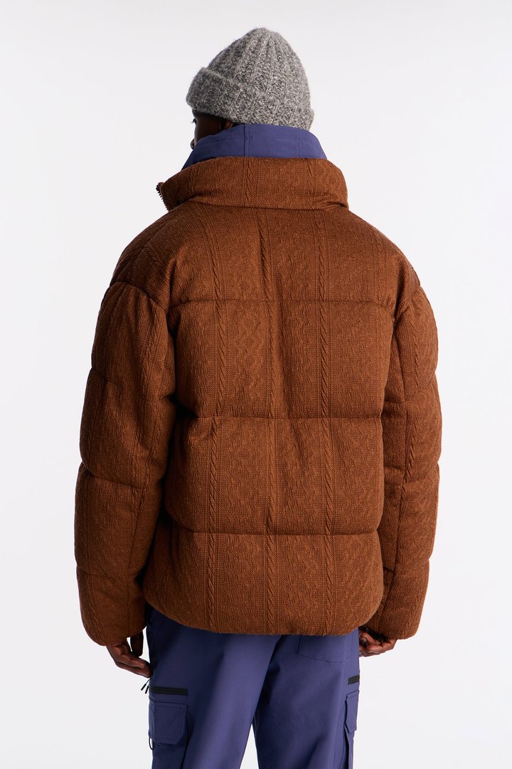 Textured Cable Knit Cabin Puffer Jacket - Brown