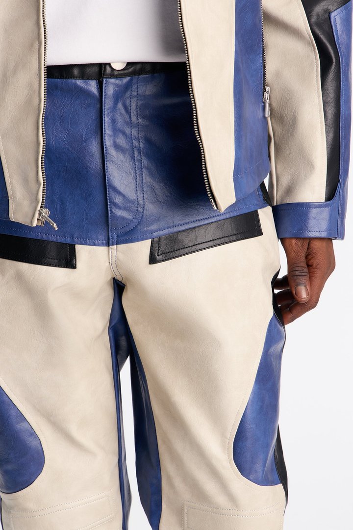 Slim Ignition Paneled Faux Leather Moto Pant - Blue/combo