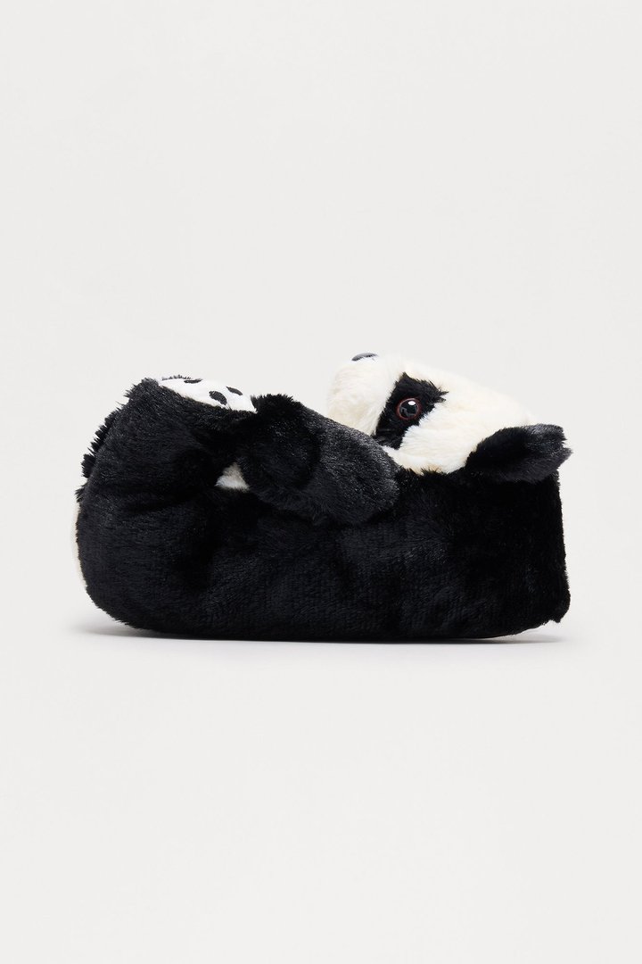 Panda Bear Faux Fur Slippers - Black/White