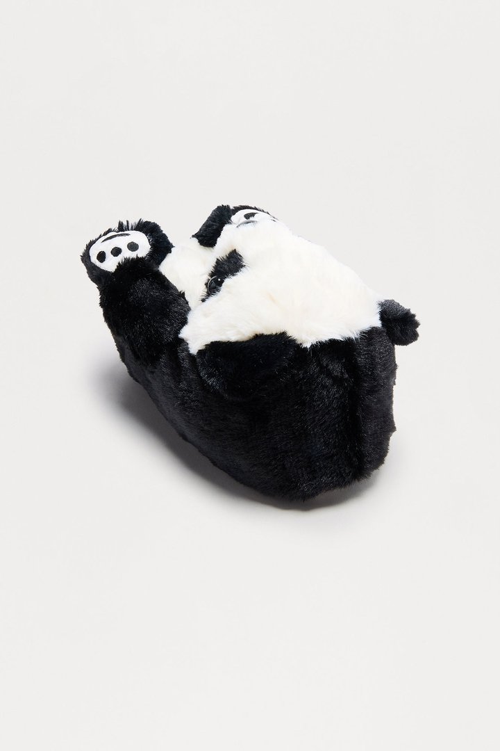Panda Bear Faux Fur Slippers - Black/White