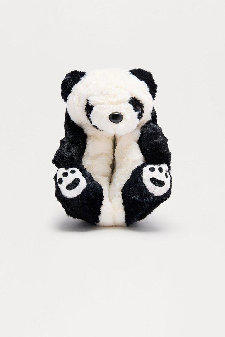 Panda Bear Faux Fur Slippers - Black/White