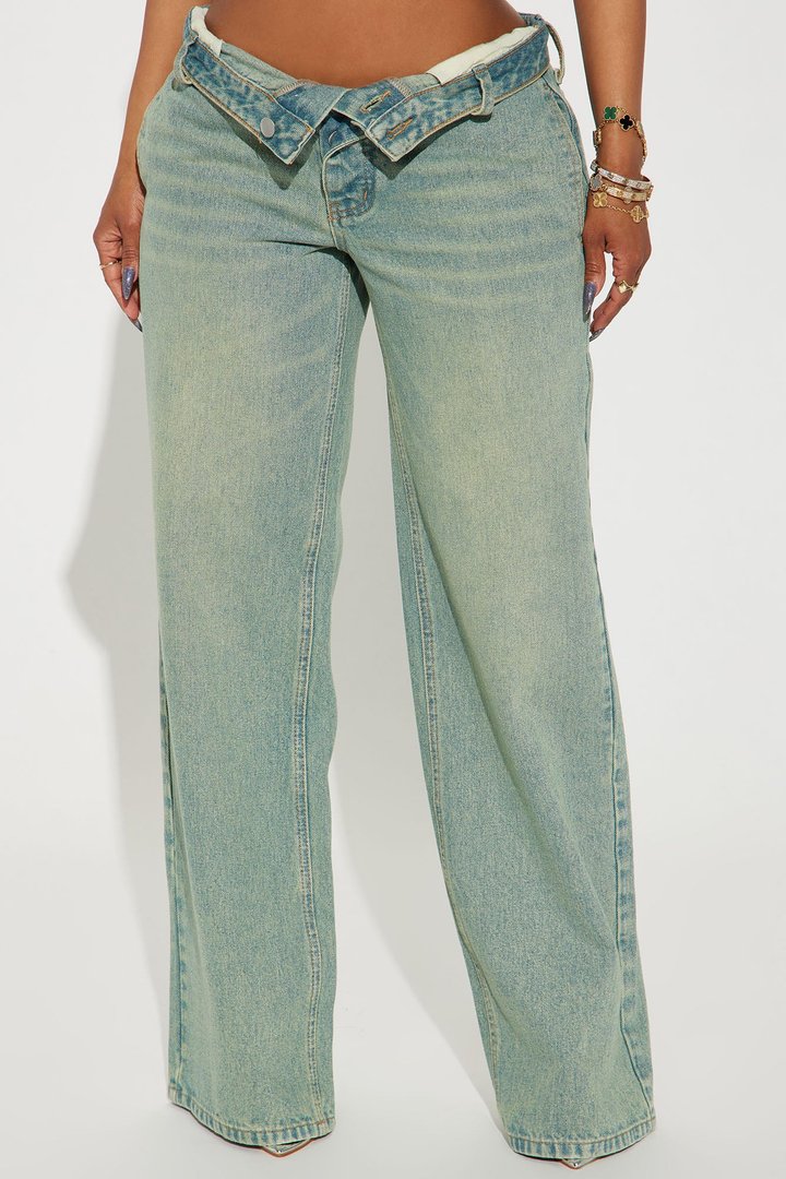 Frankie Foldover Tinted Wide Leg Jeans - Medium Wash
