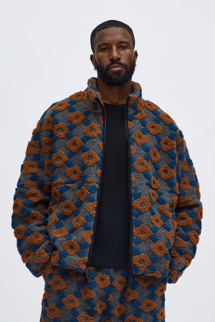 Oversized Floral Sherpa Zip Jacket - Grey