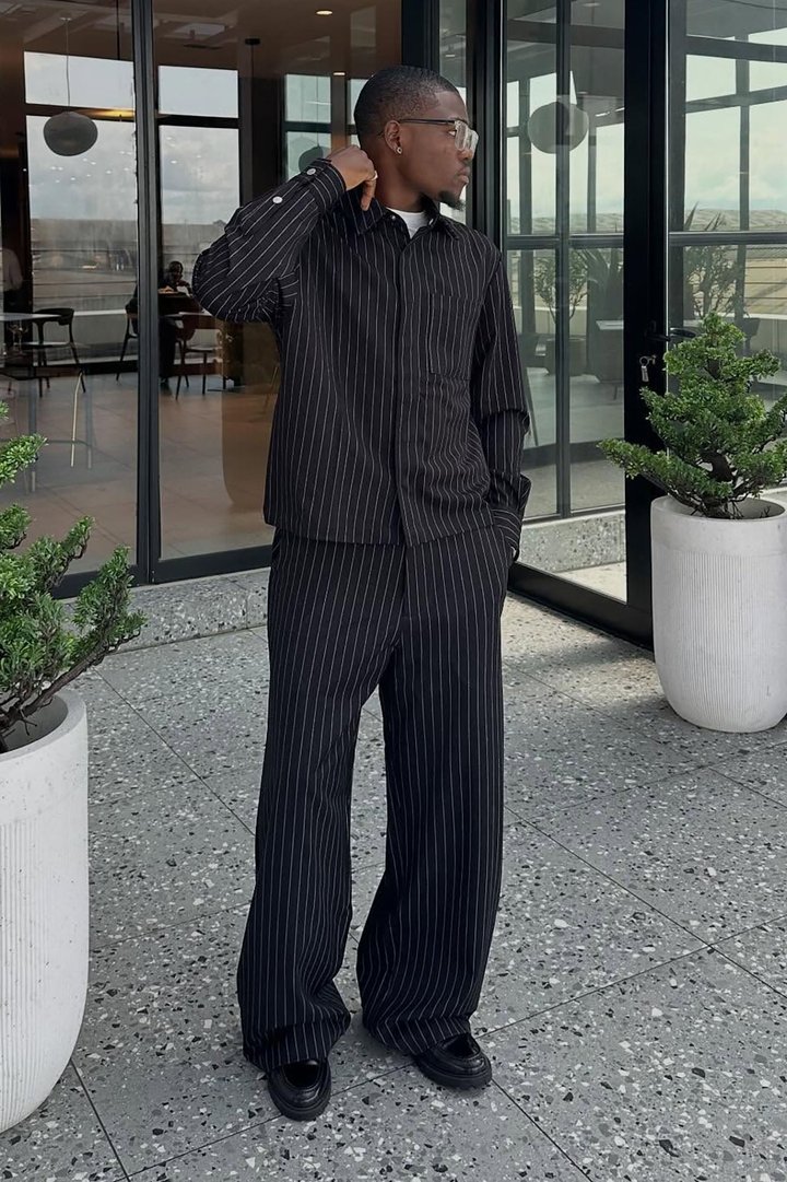 Cropped Striped Button Up Shirt - Black
