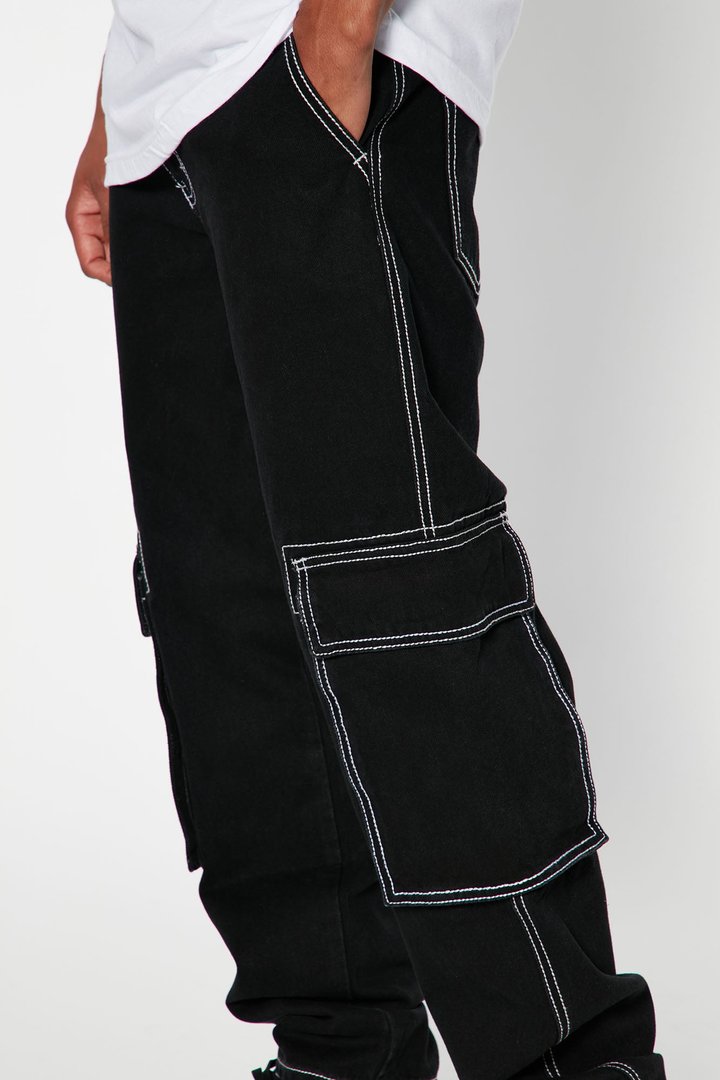 Contrast Lining Carpenter Straight Jeans - Black