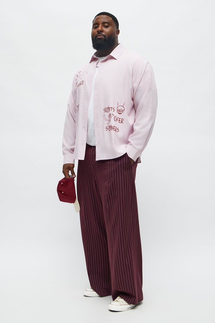 Sainted Stitch Pinstripe Button Up Shirt - Rose