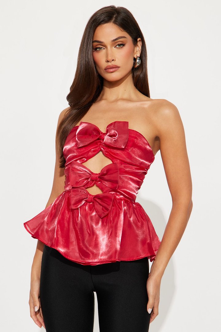 Kiss Goodbye Bows Shimmer Chiffon Top - Red