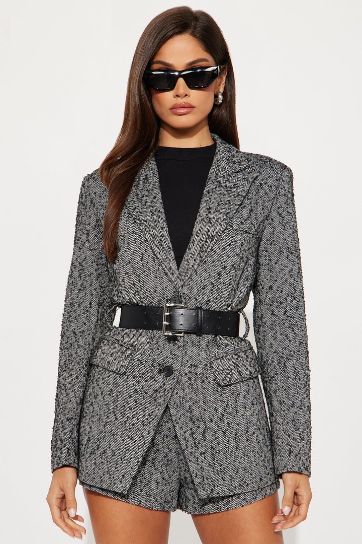 No Drama 3 Piece Belted Blazer Short Set - Black/White
