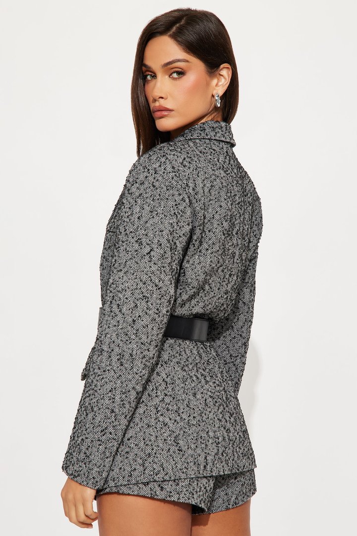 No Drama 3 Piece Belted Blazer Short Set - Black/White