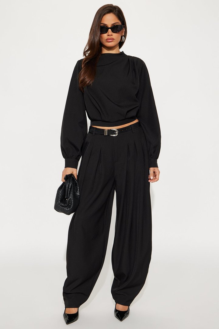 Inez Long Sleeve Pleated Balloon Pant Set - Black