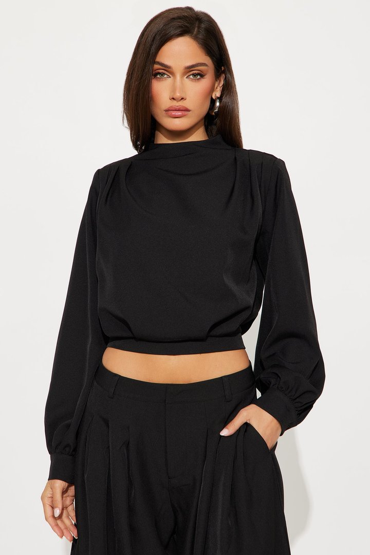 Inez Long Sleeve Pleated Balloon Pant Set - Black