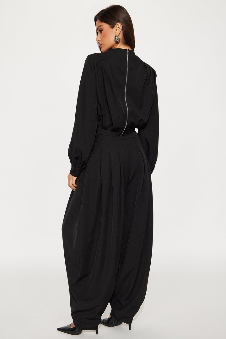 Inez Long Sleeve Pleated Balloon Pant Set - Black