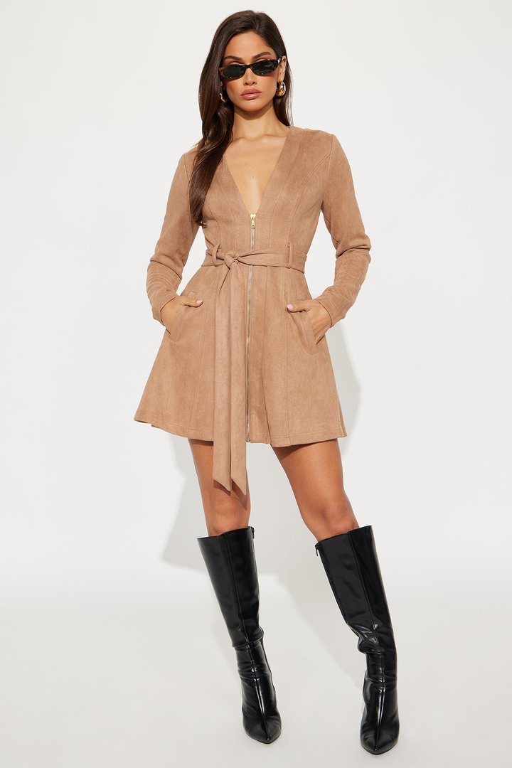 Pucca Faux Suede Mini Dress - Camel