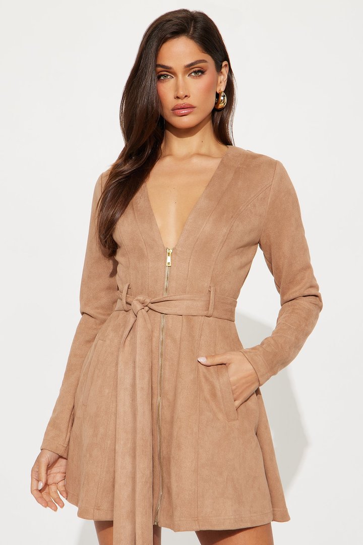 Pucca Faux Suede Mini Dress - Camel