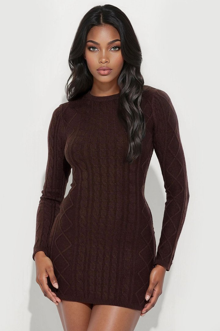 Chelsea Cable Knit Sweater Mini Dress - Chocolate