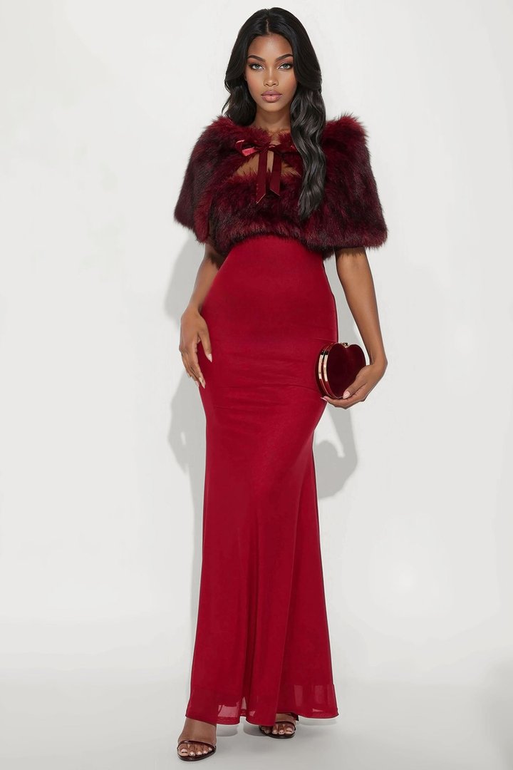 Glam Theory 2 Piece Faux Fur Gown - Burgundy