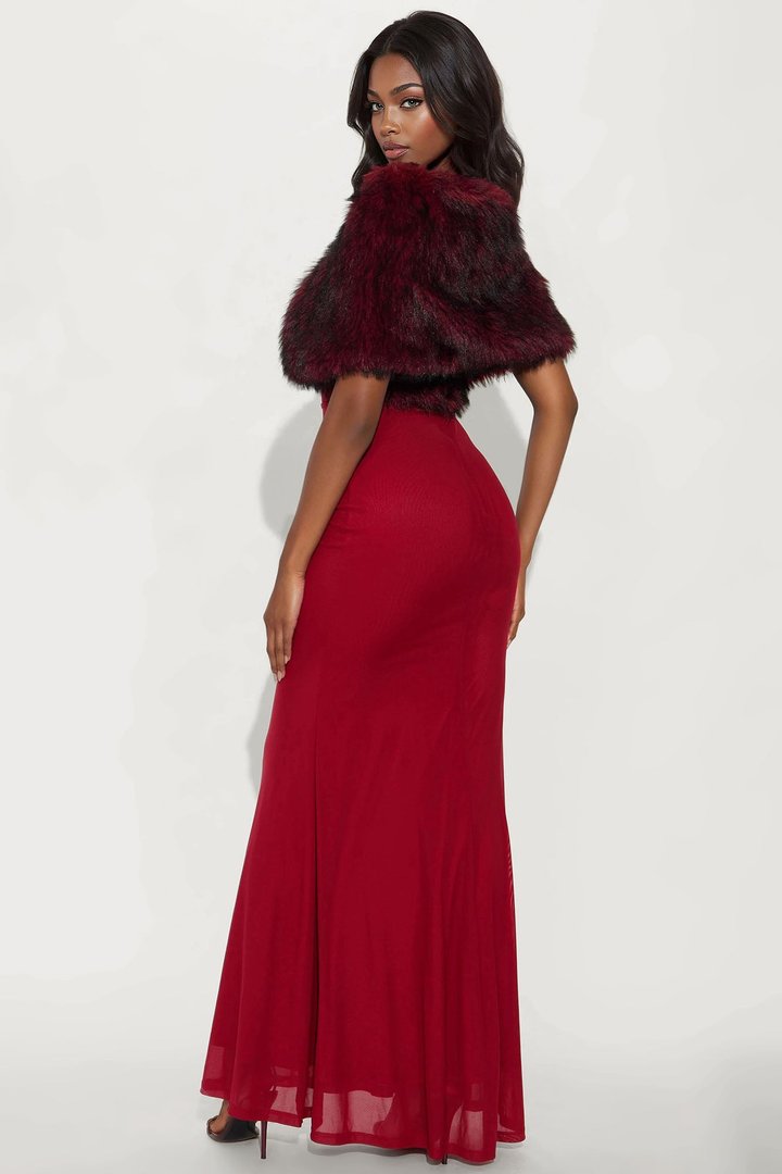 Glam Theory 2 Piece Faux Fur Gown - Burgundy