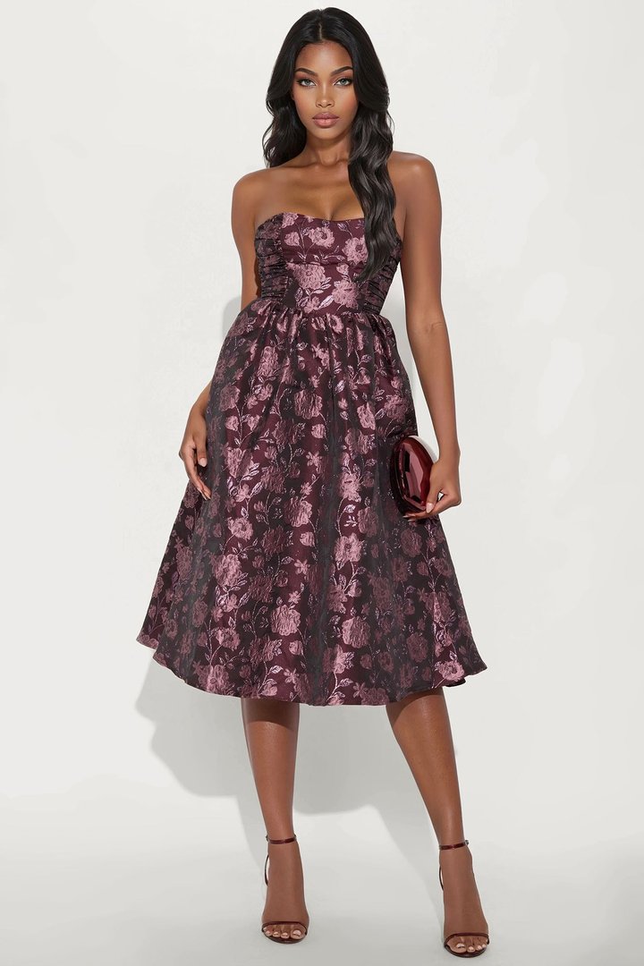 Sweet Like Me Glitter Floral Taffeta Midi Dress - Plum